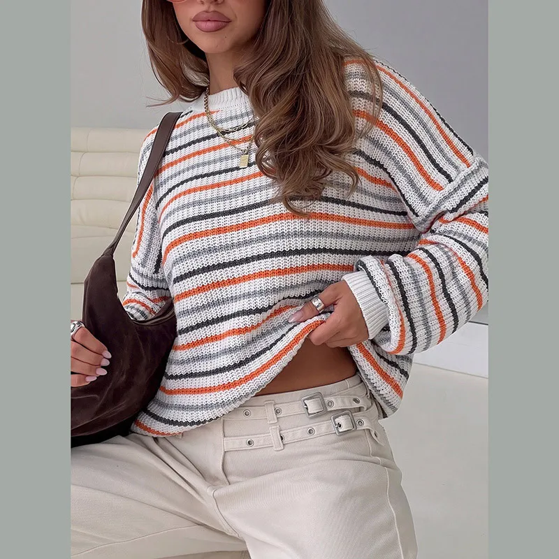 Regenbogenfarbener Gerippter Strickpullover für Damen Lässiger O-Ausschnitt Langarm Paneeliert Locker Sitzende Strickware Schicke Damen-Oberbekleidung Neu – Detail 6