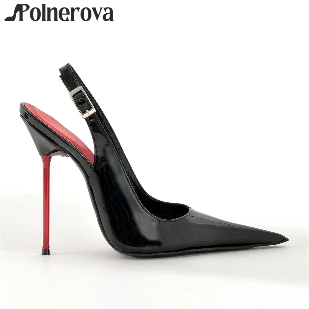 

Black Patent Leather Slingback Pumps Pointed Toe Sexy High Heels Slip on Fashion Style Pumps Thin Red Lacquered Metal High Heels