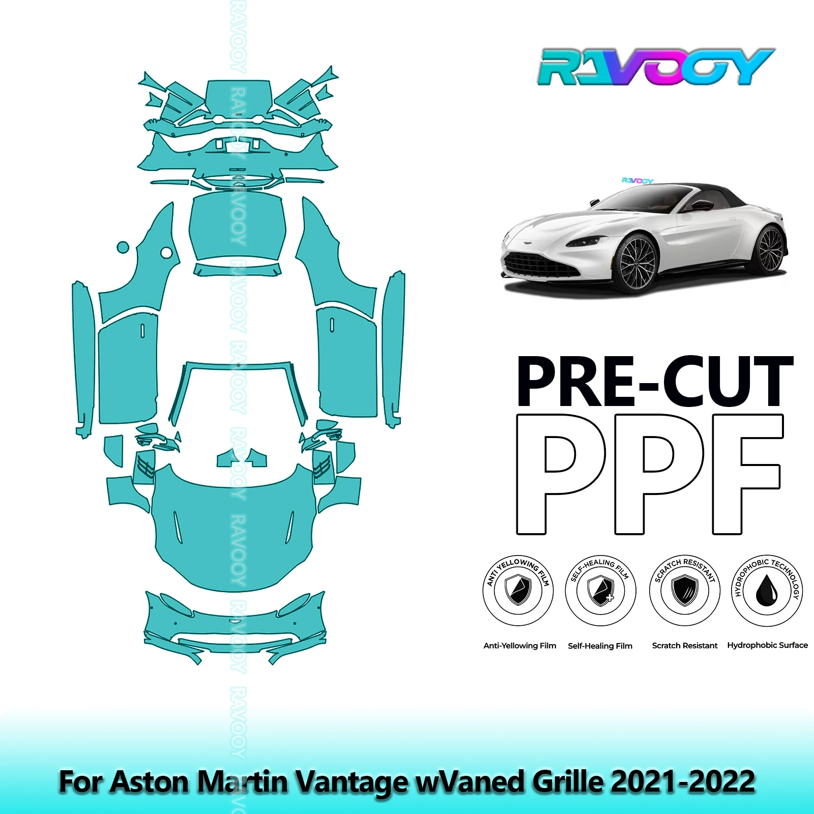 RAVOOY Custom-Fit Precut TPU PPF Full Vehicle Clear Bra Stone Guard EU UK For Aston Martin Vantage wVaned Grille 2021-2022