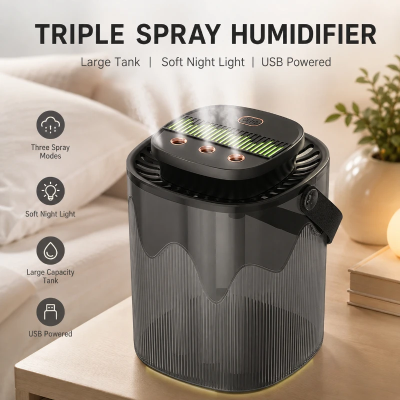 Household USB Humidifier Triple Spray Outlet Soft Night Light Water‑Shortage Protection Portable Humidifier for Bedroom