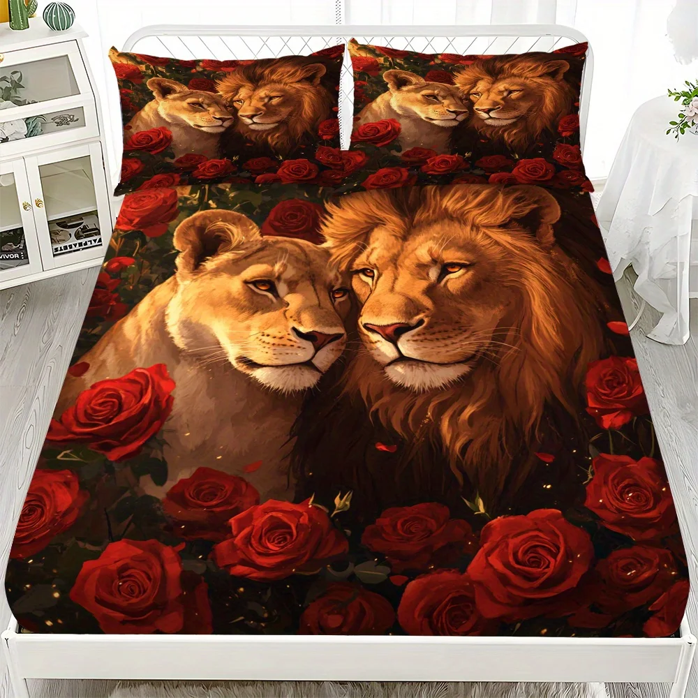 Romantic Lion & Rose Fitted Sheet Set 3pcs Red Rose Mattress Protector (1* Sheet + 2* Pillowcases, Coreless), Soft Comfort Sheet