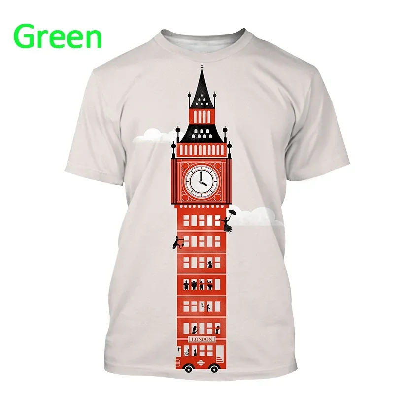 2024 New British London Big Ben Printed Short-sleeved T Shirt Men and Women Casual Clock Tower Building Streetwear Top