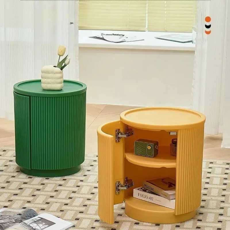 Simple Two-Tier Storage End Table Round Plastic Side Table with Drawer for Living Room Bedroom Small Circle Accent Table Ottoman