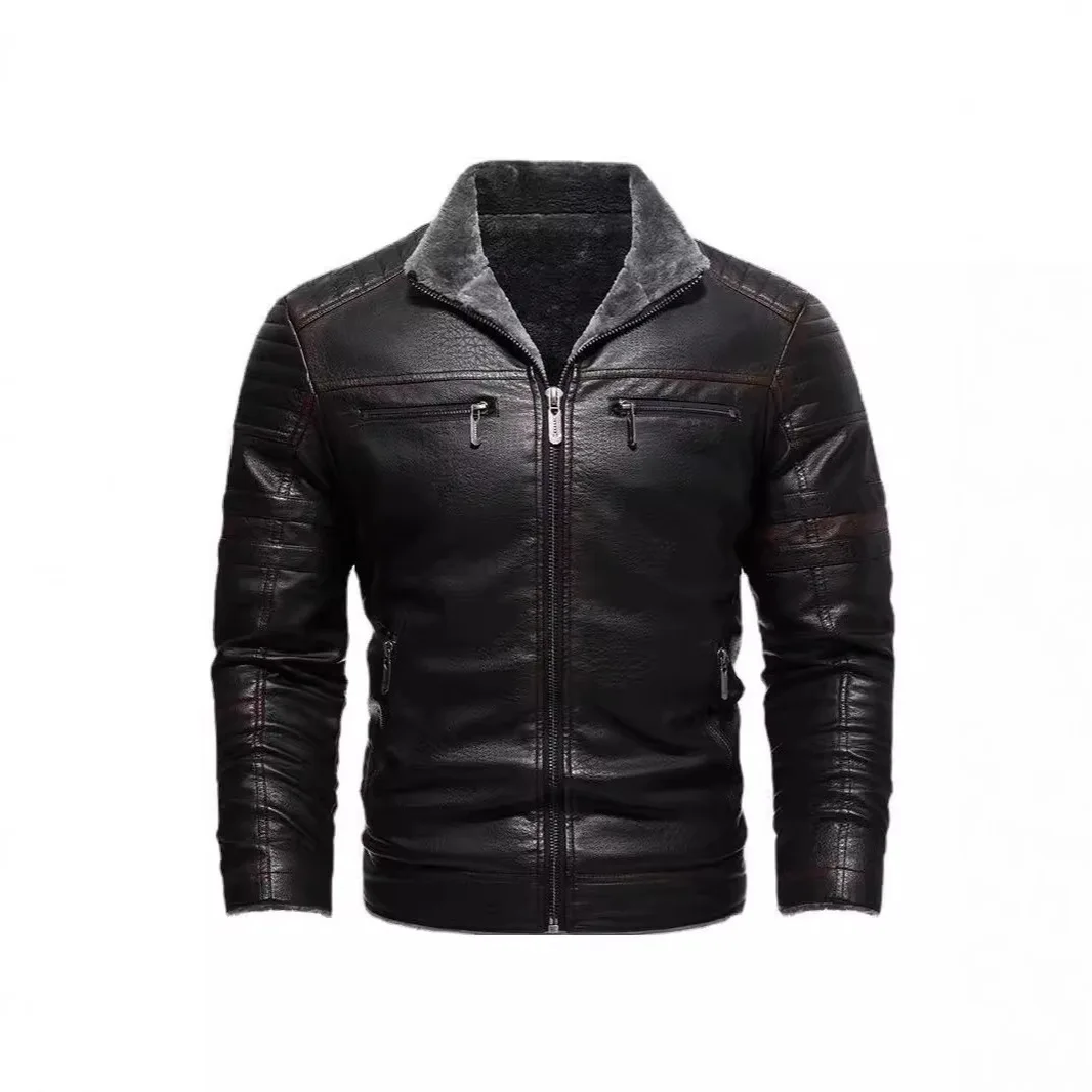 

Man Plush Leather Jacket Winter Vintage Stand Collar Long Sleeve Male Coat Motorcycle Punk Windproof Warm Men Outerwear