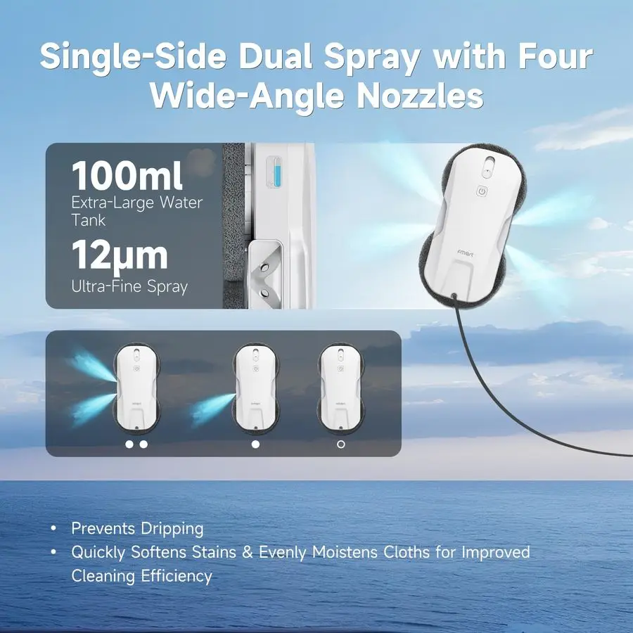 روبوت تنظيف النوافذ T11، رذاذ الماء التلقائي 4 اتجاهات، شفط قوي 5300 باسكال، تنظيف عالي السرعة، lt60dB UltraQuiet، نافذة رفيعة 60 مم #4