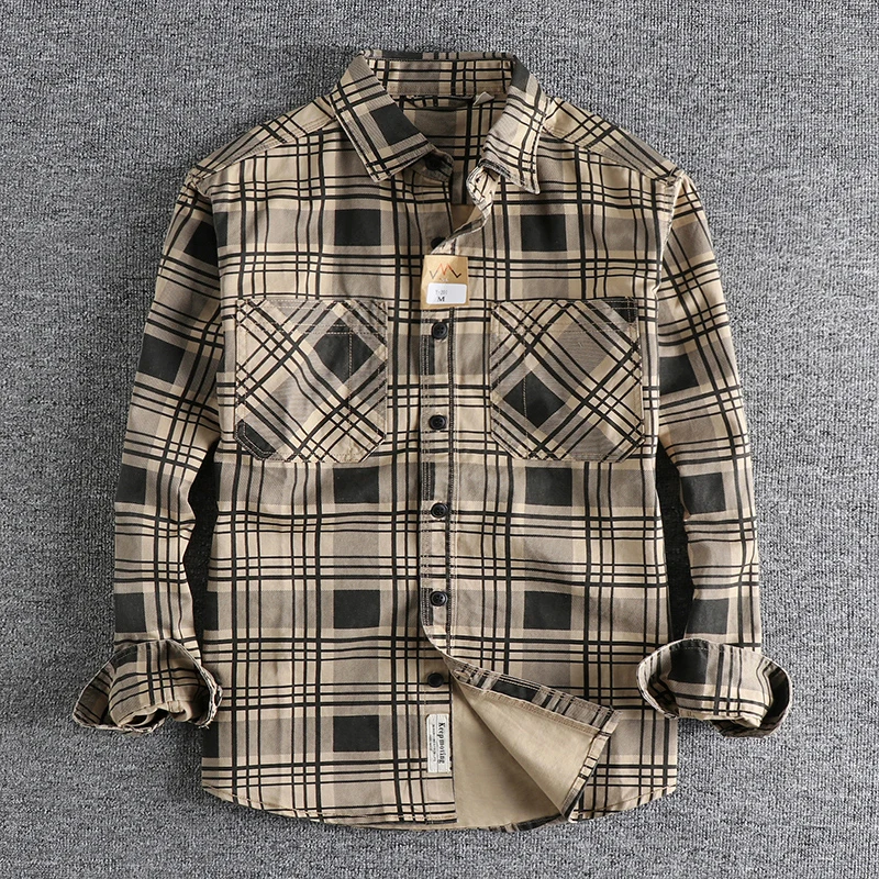 

Autumn American Retro Long Sleeve Plaid Casual Shirt Men's Fashion 100% Cotton Washed Slim Blouses Thin Coat