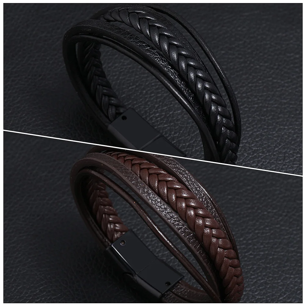 

2pcs Pu Braided Men Wristband Ethnic Style Hand Jewelry Fashion Wrist Chain Durable Alloy Accessory For Party Beach Wear