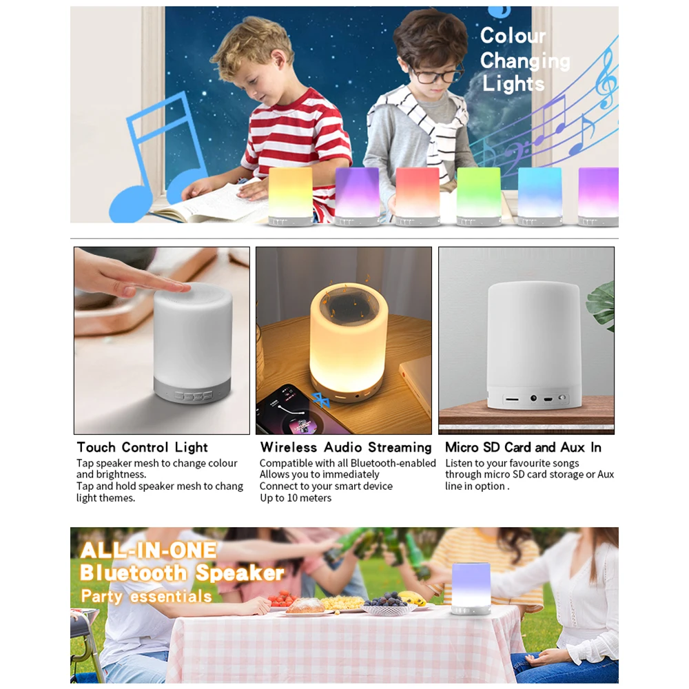 New Mini Portable Colorful LED Night Light Bluetooth 4.2 Speaker Wireless Stereo Music Player Touch Desk Lamp Built-in Mic