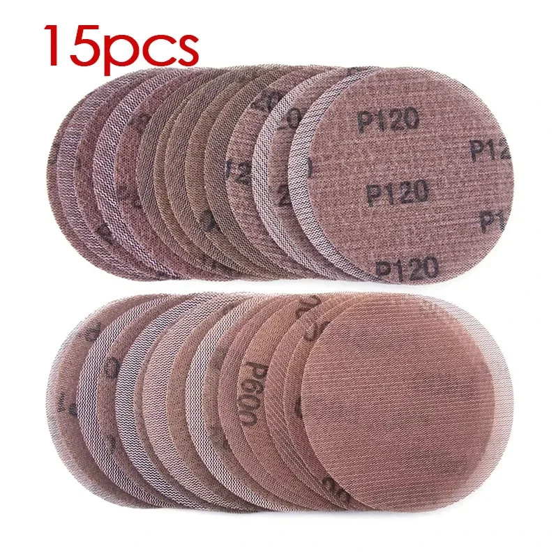 15pcs 5inch  Hook & Loop Abrasive Dust Free Grid Sanding Paper 125mm Mesh Sanding Discs Anti-Blocking Grinding Sandpaper for Car