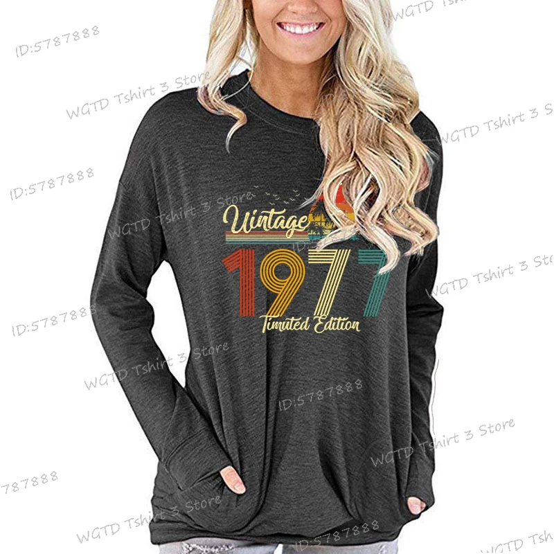 Women's Long Sleeve T-shirt Vintage 1977 Classic Graphic Retro Birthday Gift for Women 48 Years Old Anniversary Long Sleeve Tee