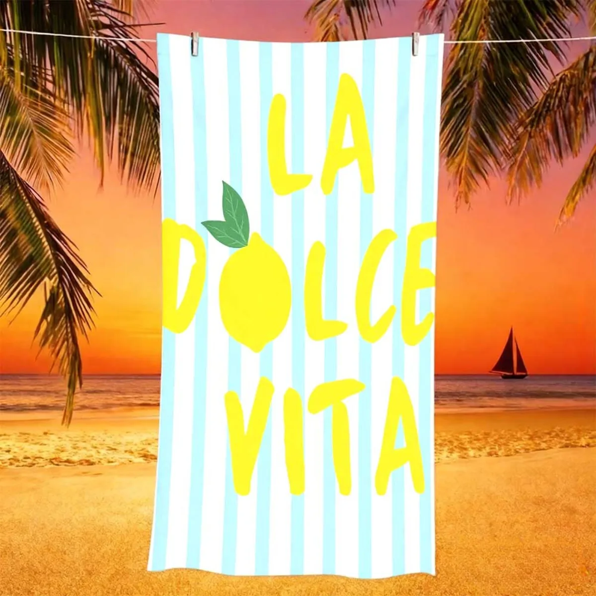 Light Blue White Stripe LA DOLCE VITA Lemon Super Absorbent Quick Dry Beach Towel Mediterranean Holiday Shower Towel