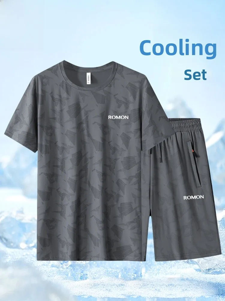 

Rn Men's Summer Ice Silk Qui Dry Sport Set Casual round Ne ort Sve Suit Comfortable Breathable Lightweight T-irt