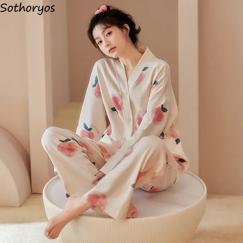 

V-neck Pajama Sets Women Baggy Print Girlish Home Sleepwear Ulazzng Soft Casual Spring Autumn Pijama Mujer Fashion Aesthetic New