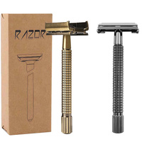 Berjaya Nostalgic Bronze Long Handle Butterfly Open Double Edge Safety Razor，Reusable Brass Metal Manual Shaver Close Comb