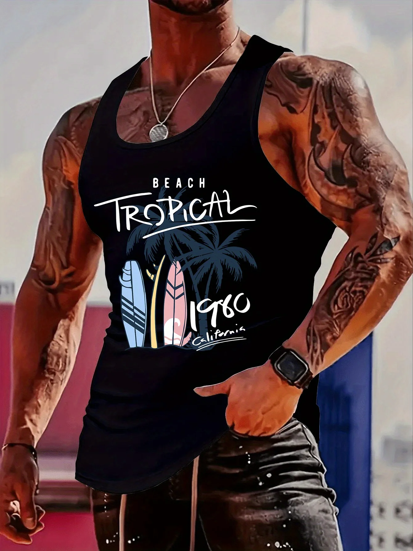 

Fashionable trend muscular man, simple and creative beach surfing skateboard, 1980, printed vest
