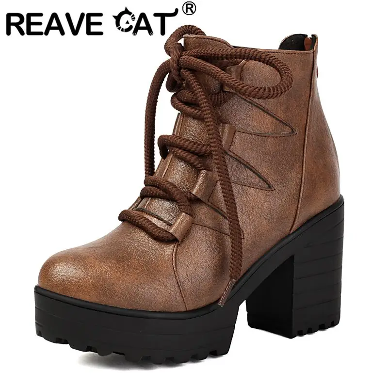 REAVE CAT 2025 خمر النساء حذاء من الجلد جولة تو كتلة الكعوب 9 سنتيمتر منصة 3 سنتيمتر الدانتيل يصل أحجام ممتدة 43 44 45 46 عادية