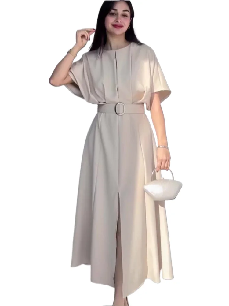 

Women's Temperament Elegant Solid Color Long Dresses O Neck Short Sleeves Belt Slit Dress Lady Commuting Evening Vestidos 2025