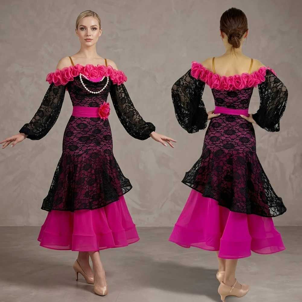 Women'S Red Formal Wear - Women's Rose Red Ballroom Dance Contrast