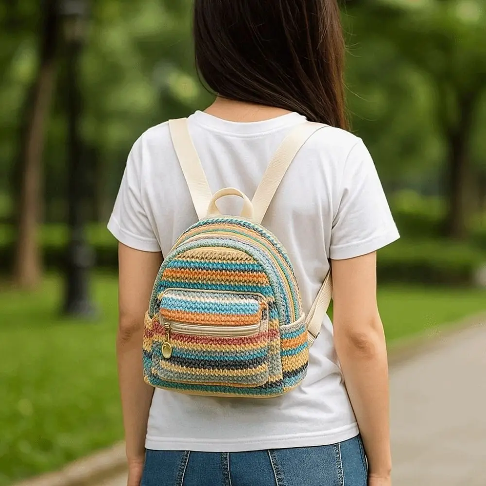 Portable Woven Small Backpack Lightweight Large Capacity Straw Weaving Backpack Ethnic Style Polyester Mini School Bag Shopping