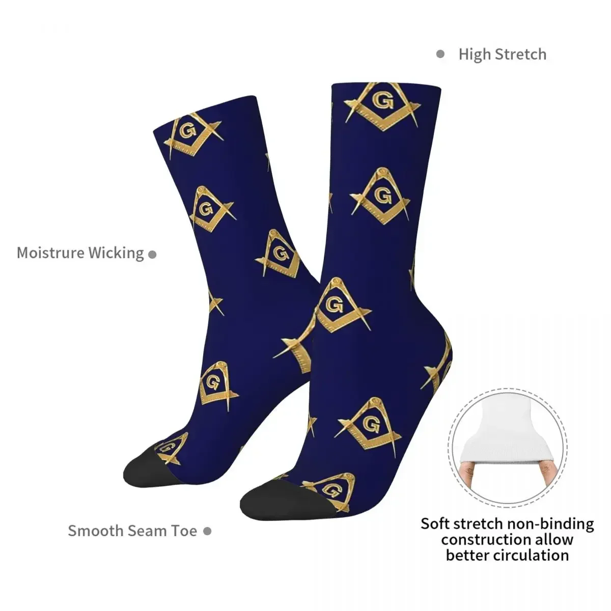 Freemason Pattern Gold Blue Square & Compass Masonic Socks Harajuku Sweat Absorbing Stockings All Season Long Socks