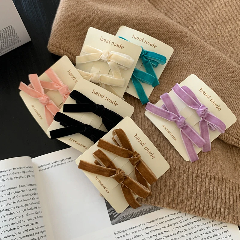 Pince à cheveux vintage en velours pour femmes et filles, petit nœud, long ruban, épingles à cheveux coréennes, accessoires de mariage, 1 pièce, 2
