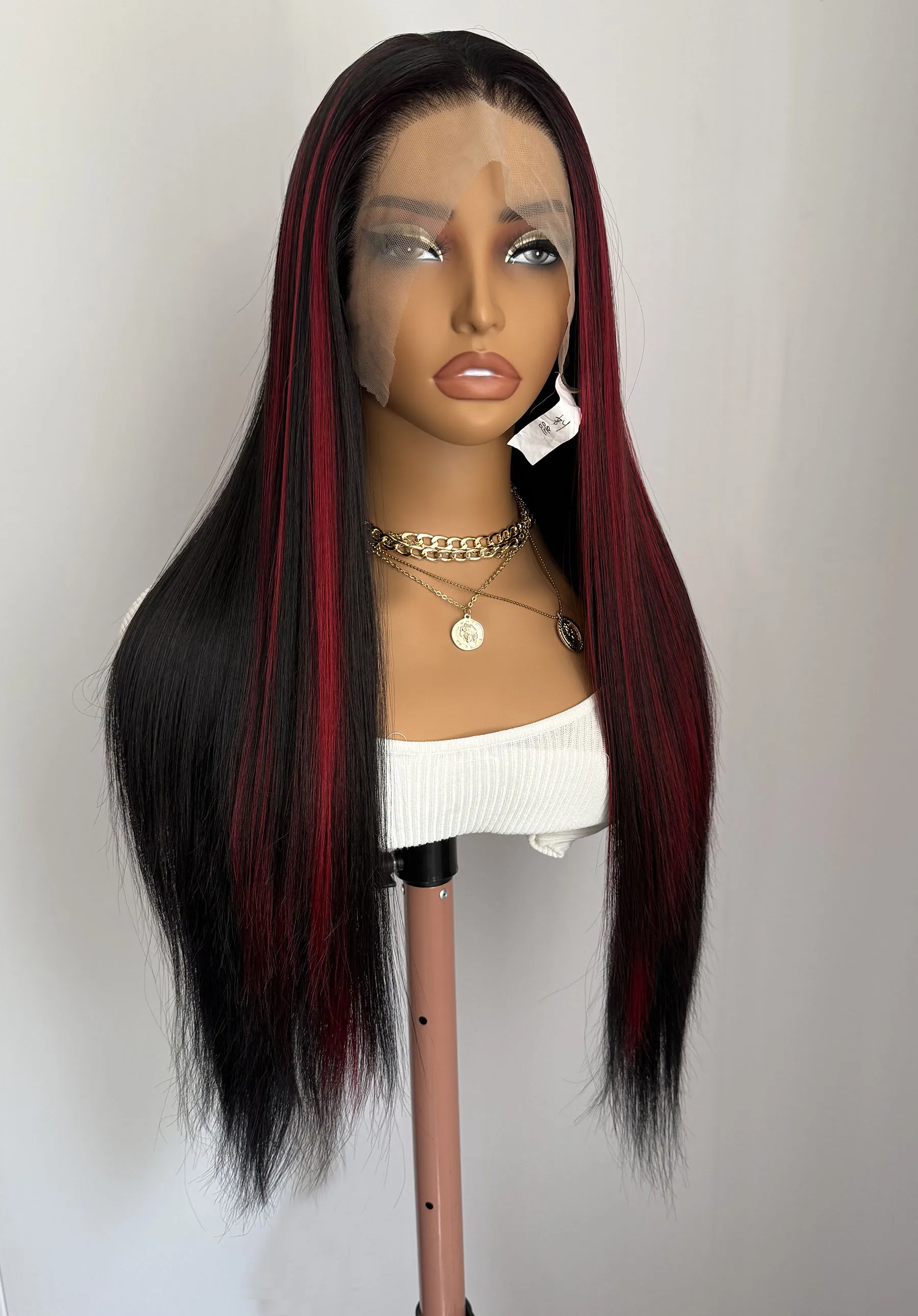 

Black Red Highlighted Wig 13x4 Long Silky Straight Lace Front Wig for Women Heat Resistant Synthetic Hair Natural Hairline Daily
