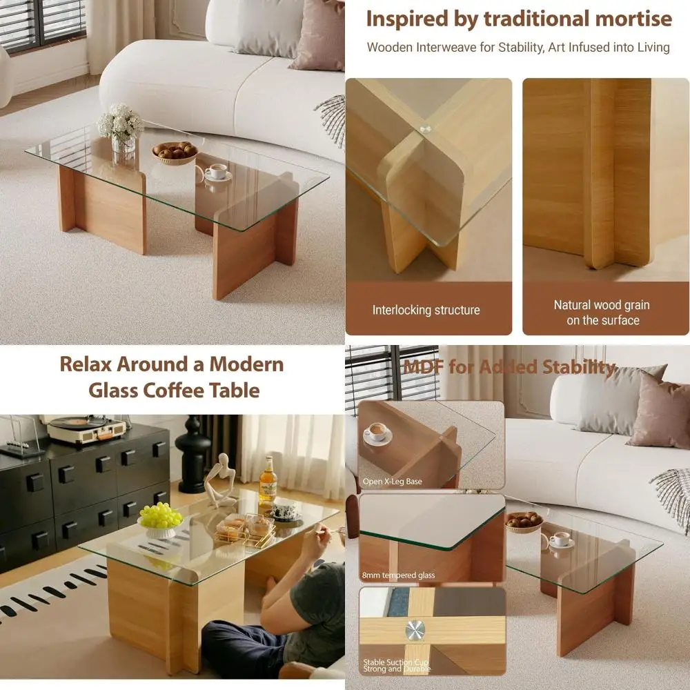 

Stylish Rectangular Glass Coffee Table with Geometric Wooden Frame, Minimalist Tempered Glass Living Room Furniture for Small Sp