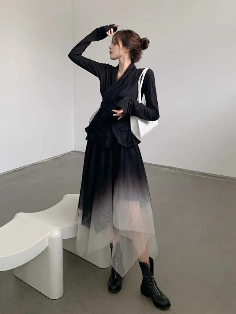 Dark Chic Gauze Japanese Irregular Black White Skirt 2025 New Fashion Girl Spring Autumn High Waist A-line Versatile Long Skirts