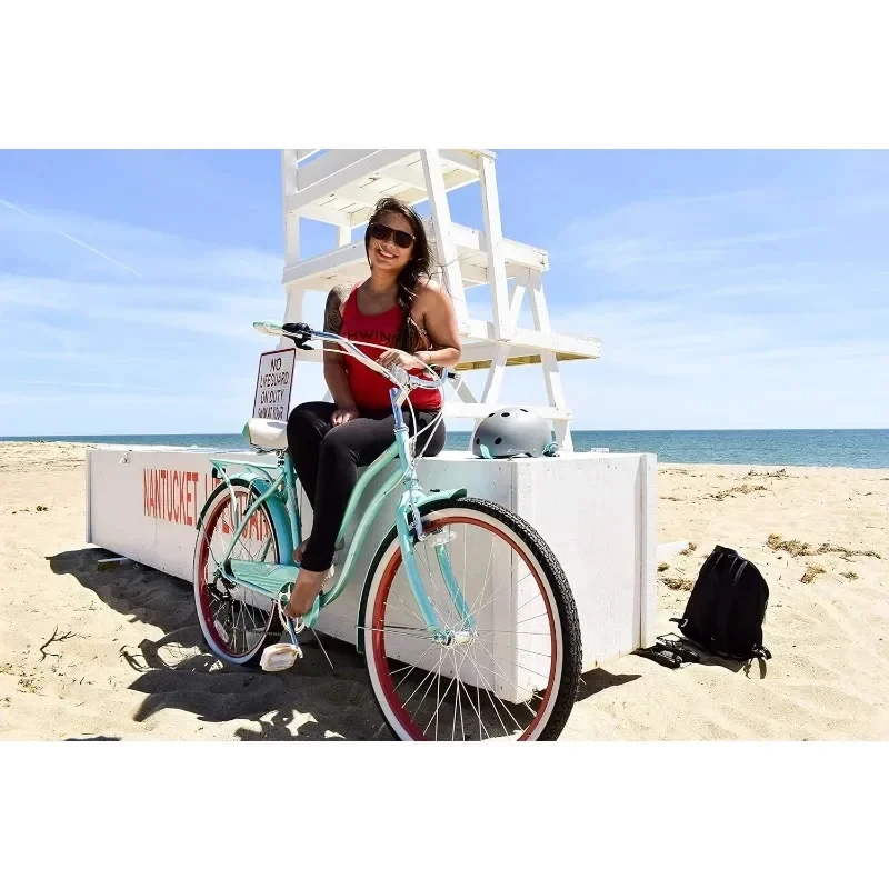 Perla Adult Beach Cruiser Bike, Men and Women 18-Inch Step-Through Steel Frame 26-Inch Wheels 7-Speed Twist Shifters