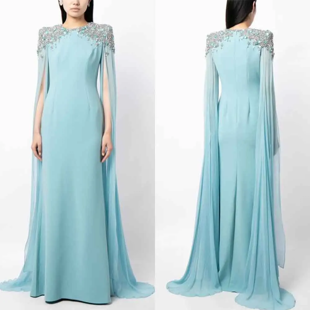 

High Quality Customized Floor Length Cap Sleeve Beaded A-line Blue Elegant Dress Women for Wedding Party Robes De Soirée فساتين