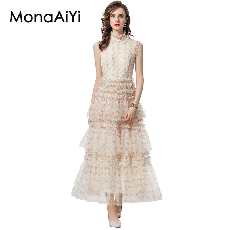 

MonaAiYi Fashion Summer Women's Mixi dress Stand Collar Sleeveless Mesh Splicing Tiered Ruffles Floral Dresses