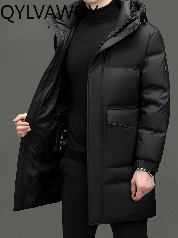 QYLVAWOY 100% Polyester Men's Extreme Cold-Resistant Thickened Warm Versatile Duck Down Filled 150g+ Hooded Down Jacket LJ2067