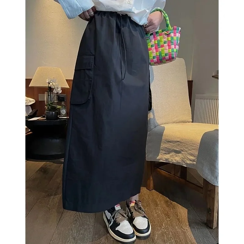 

Юбка-трапеция винтажного стиля больших размеров, асимметричная, весна-лето, свободного кроя, скрывающая бедра, с эластичной талией и шнурком, в стиле рабочей одежды, для полных женщин