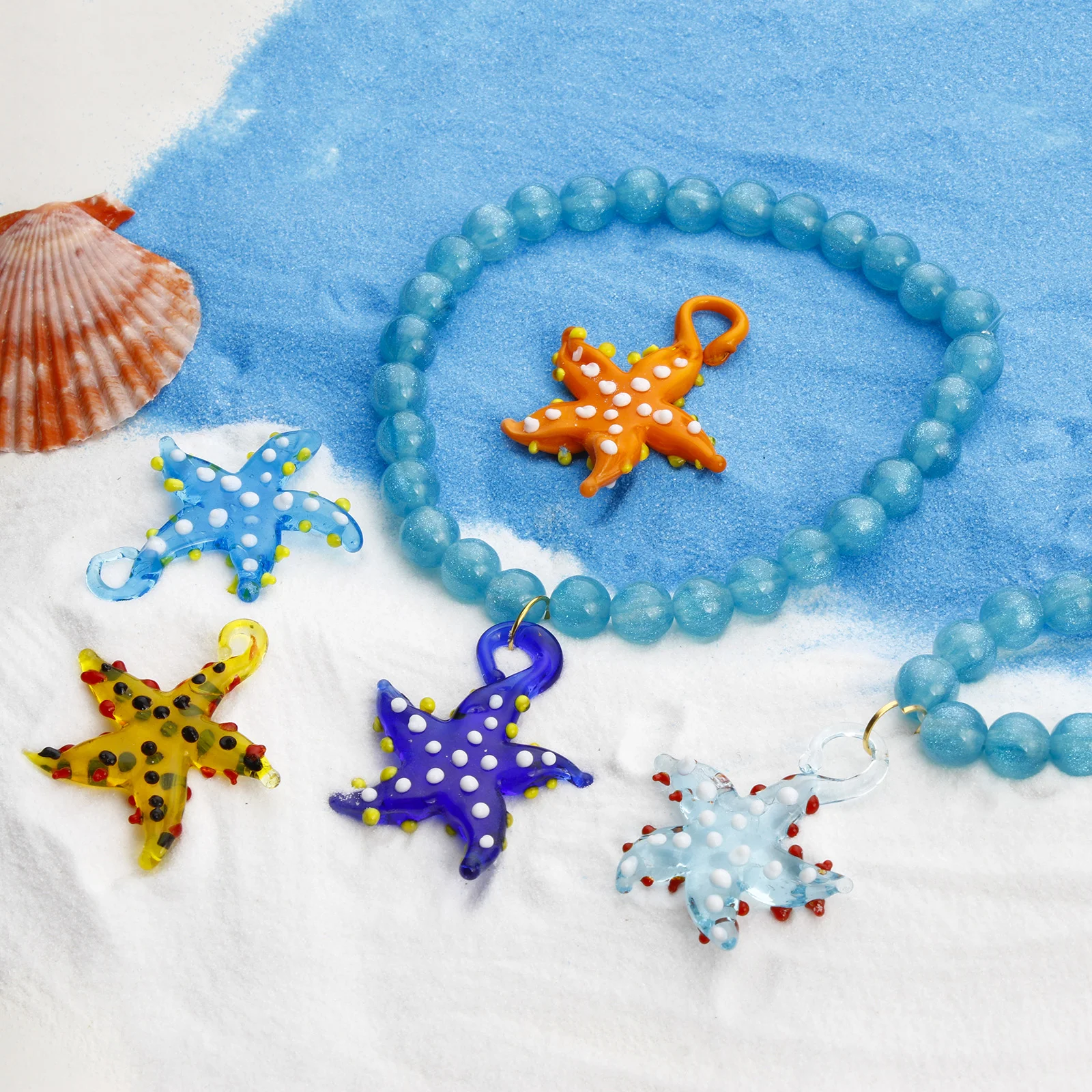 2 PCs 3D Starfish Dot Lampwork Glass Ocean Jewelry Pendants Necklace Charms Tiny Sea Star Fish Aquarium Decoration Accessories