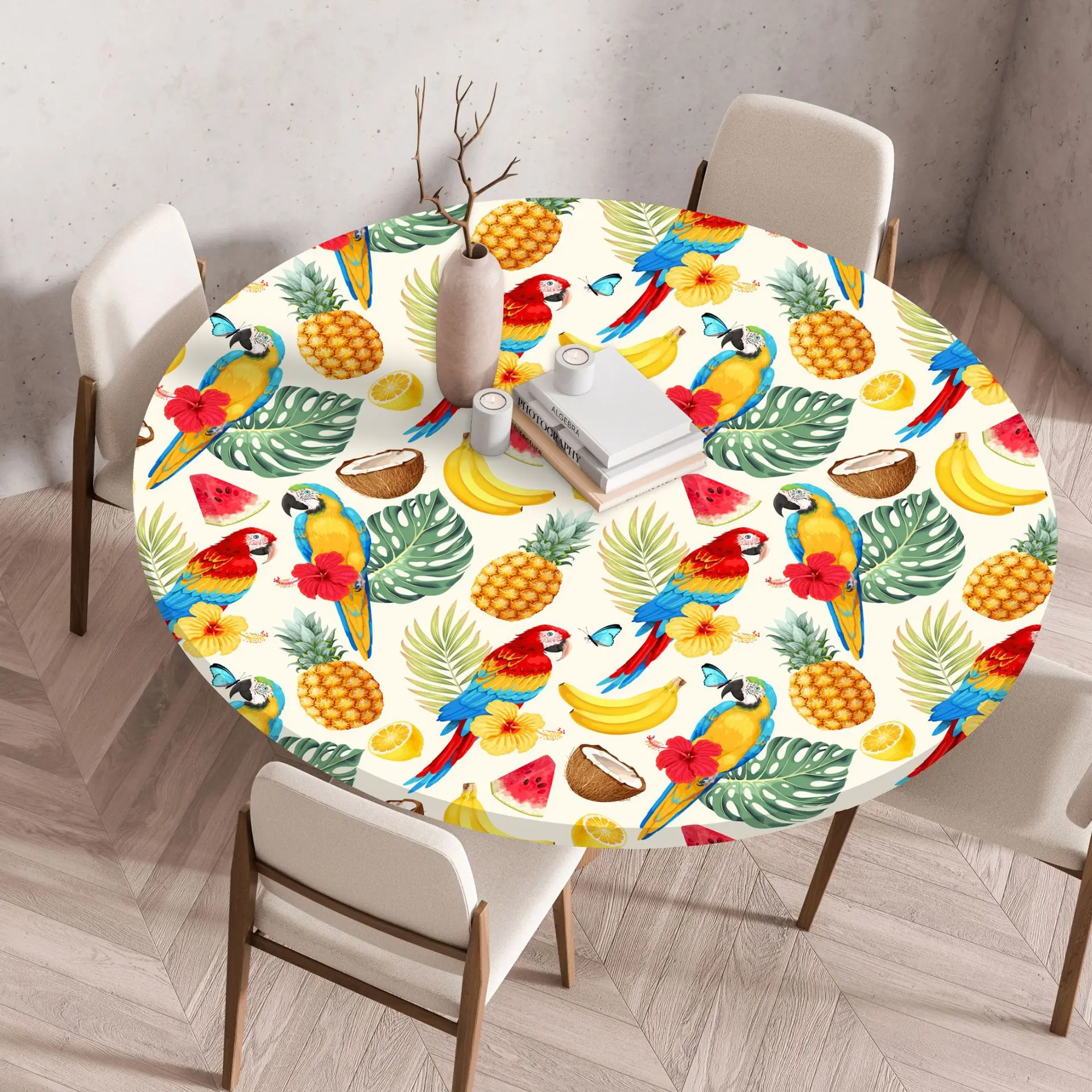 

28 Styles Plant Flower Patterns Round Tablecloth Fitted Elastic Tablecloths Waterproof Reusable Round Table Cover for Kitchen