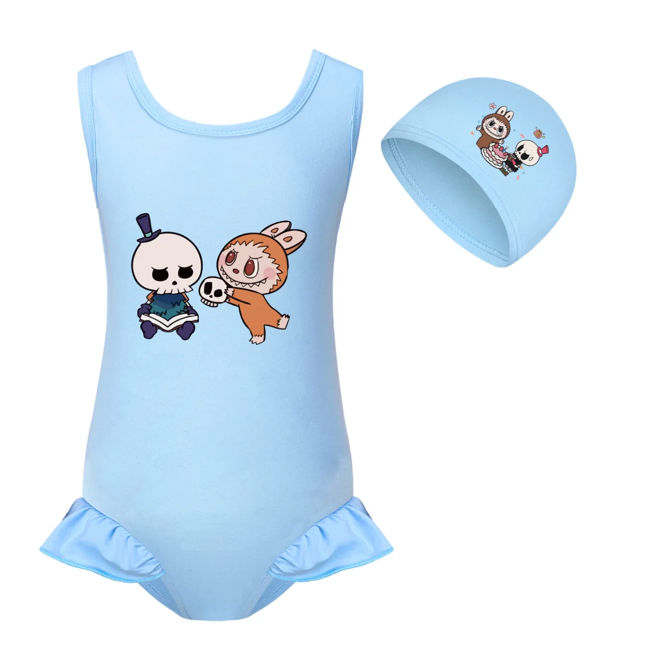 Baby Swimwear Kids Labubu One Piece BeachWear Child Swimming Suit Toddler Girls Cartoon Swimsuit+cap 2pcs Sets4272