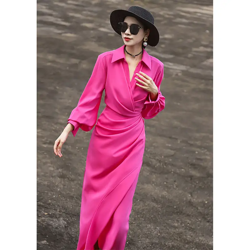 2025 ฤดูใบไม้ร่วงสไตล์ใหม่การเดินทางเรียบง่ายสลิมเสื้อกระโปรงชุดเดรสแขนยาวสําหรับผู้หญิง