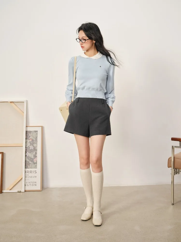 Sweet Knit Pullover with Peter Pan Collar Early Autumn Lantern Sleeve Sweater Women Vintage Style Slim Fit Two-Piece Look Top