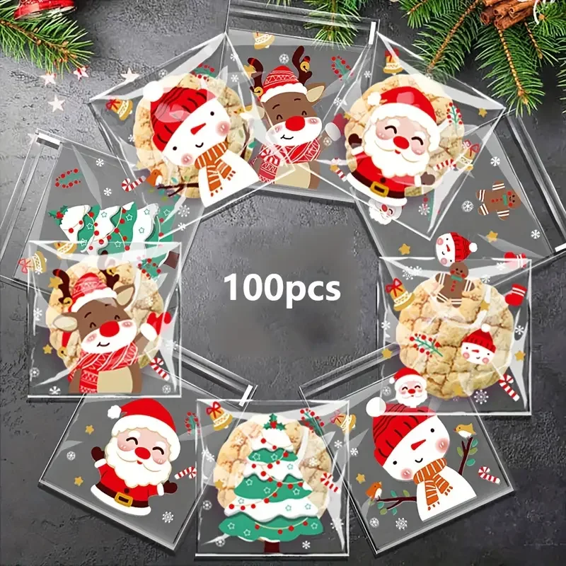 100pcs Christmas Treat Bags - Self-Sealing, Disposable Opp Candy & Cookie Pouches With Festive Cartoon Designs For Holiday Gifti