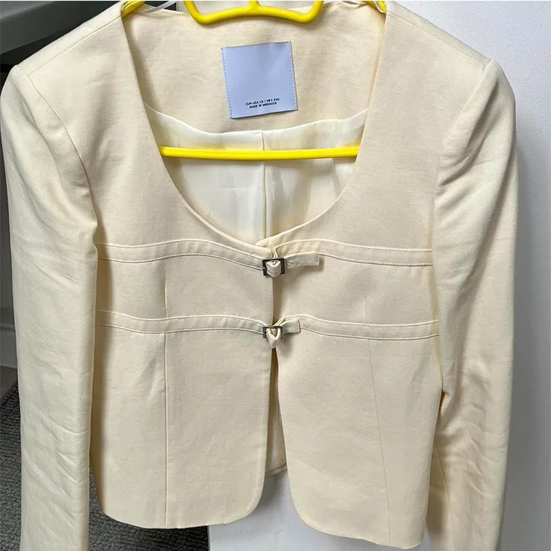 Blazer slim jaune clair pour femme, veste chic à la mode, manteau doux imbibé de documents solides, streetwear à col carré, automne et printemps