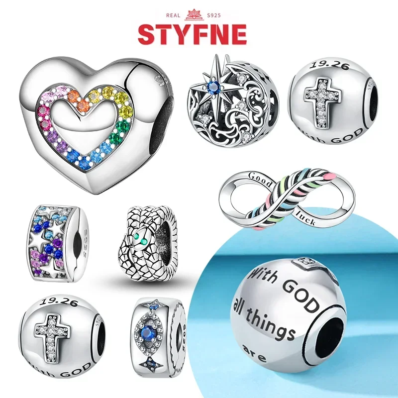 

S925 Серебряные бусины в форме радужного сердца, звезда, луна, крест, подвеска, подходит для оригинального браслета, изготовление ювелирных изделий своими руками для женщин, изысканные подарки