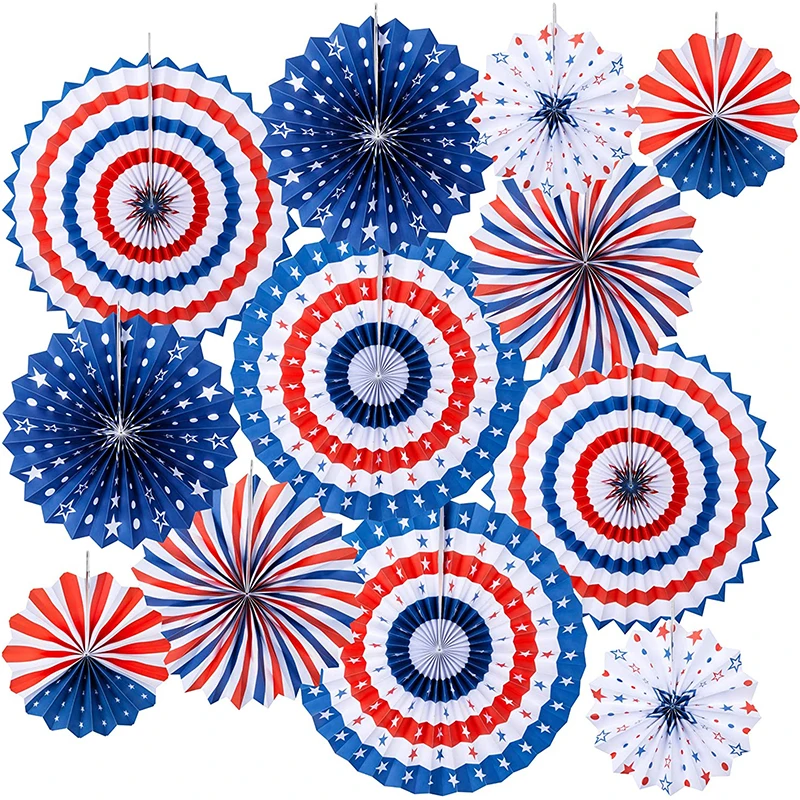 

12Pcs Blue Red Paper Fans Flowers American Patriotic Birthday Party Decorations Hanging For USA Themed Event Backgrounds Decor