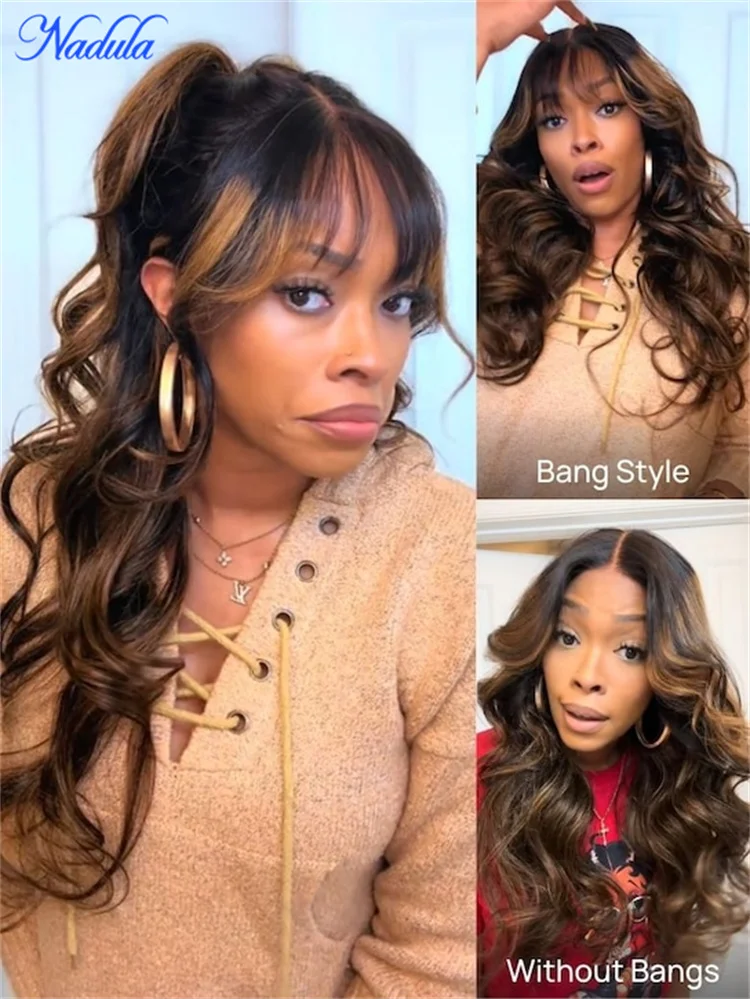 Nadula Balayage براون الانفجارات غلويليس باروكة من شعر طبيعي الجسم موجة 13x4 الأذن إلى الأذن قبل قطع الدانتيل أمامي باروكة من شعر طبيعي جاهزة للارتداء