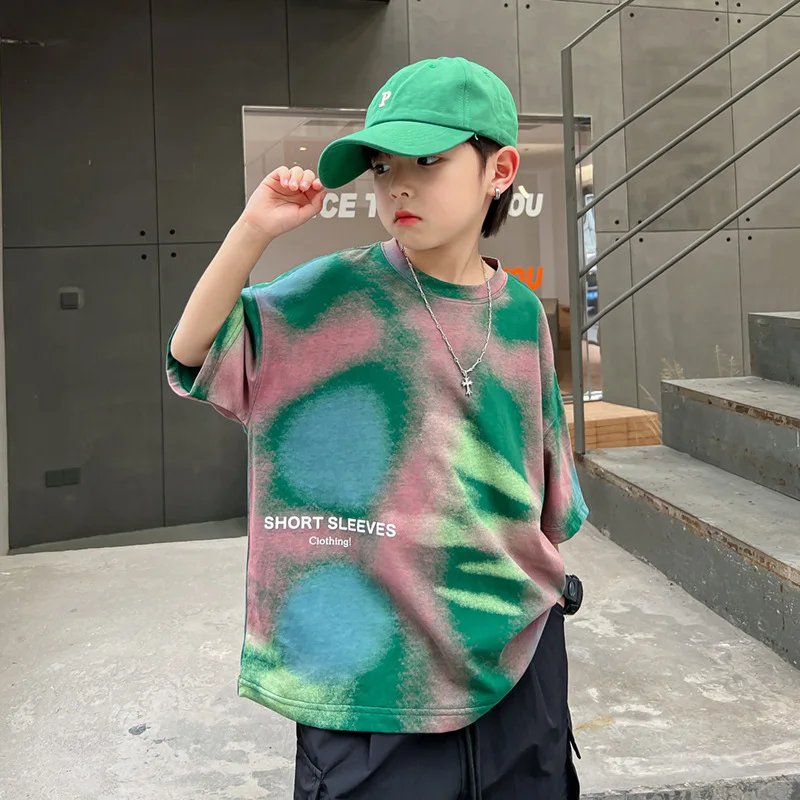 

Fashion Brand Tie-Dyed ChildrenTSummer Shirt2024New Loose Boys' Short-Sleeved Shirt Middle and Big Children's Half-Sleeved One P