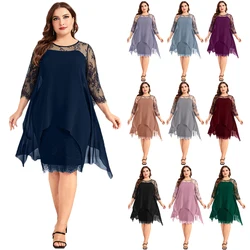 PYL Plus Size Women Chiffon 3/4 Sleeve Party Evening Gowns Summer Midi Dresses Ladies Ruffled Swing Sundresses Holiday Cocktail