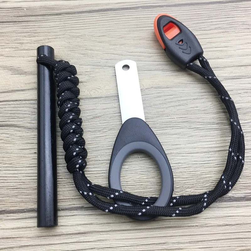 Outdoor Ferro Rod Fire Starter Kit with Whistle Magnesium Flint Rod  Scraper Braided Paracord Waterproof Emergency Ignition Tool