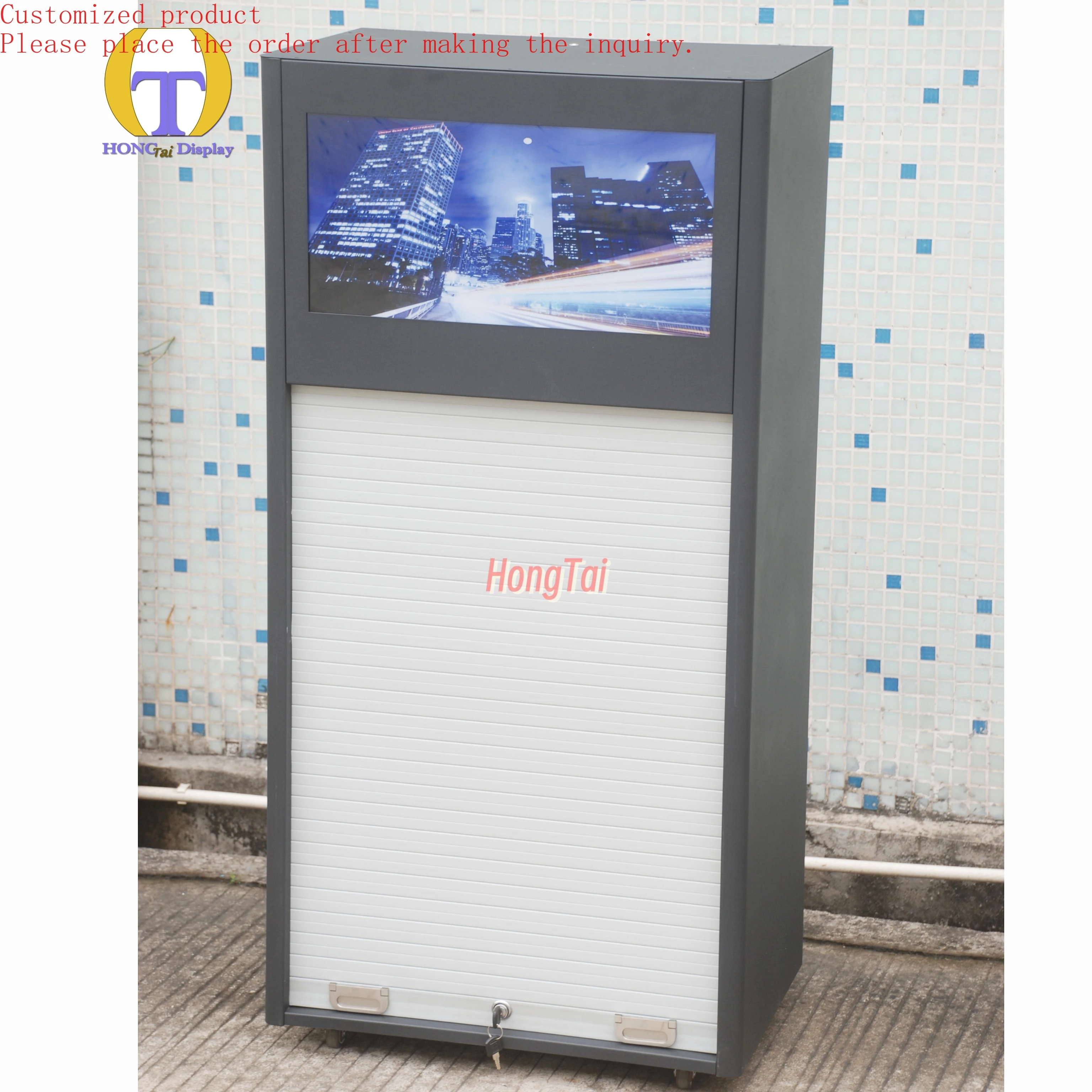 

Custom.Tobacco Metal Display Showcase Roller Shutter Door With Smoke Pusher Light Box Cigarette Display Cabinet Rack