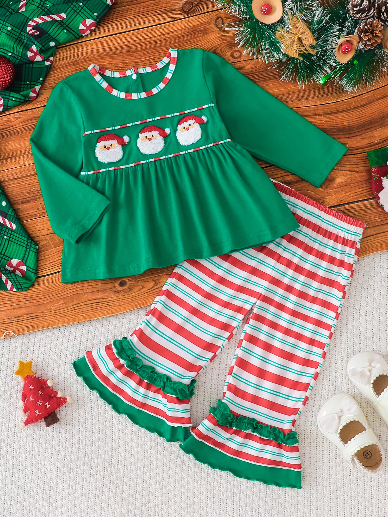 Toddler Girls Christmas 2Pcs Outfit Santa Applique Long Sleeve Green Peplum Top Striped Ruffle Flare Pants Kids Xmas Holiday Clo