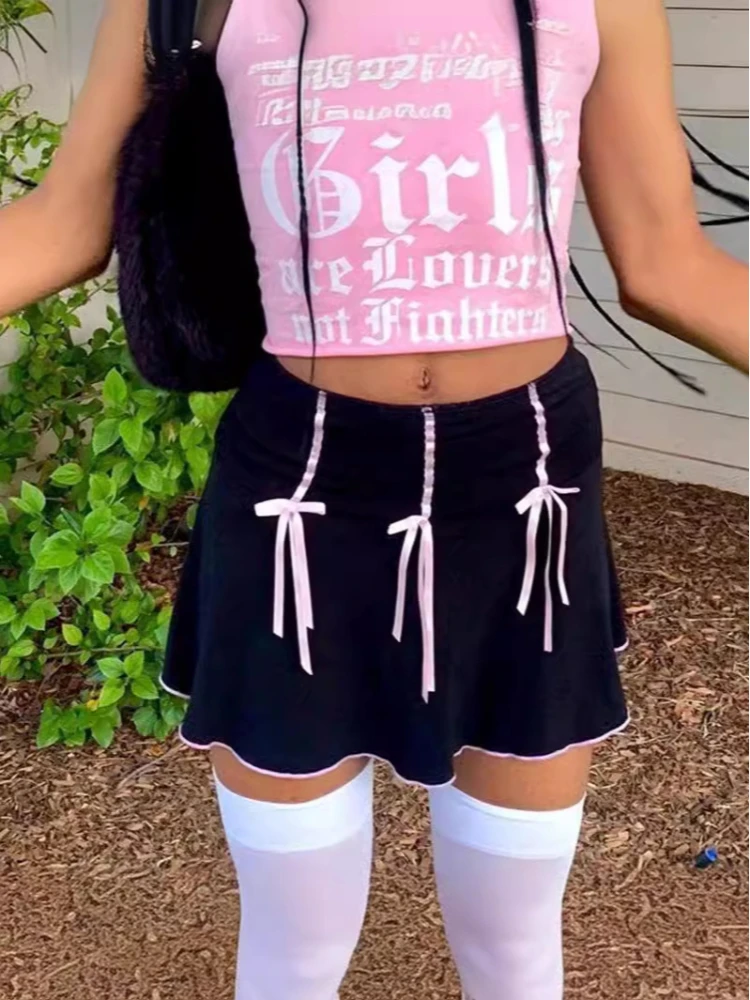 

European and American summer new women's black Y2K casual gothic style bow decoration half skirt high waist short pleated skirt
