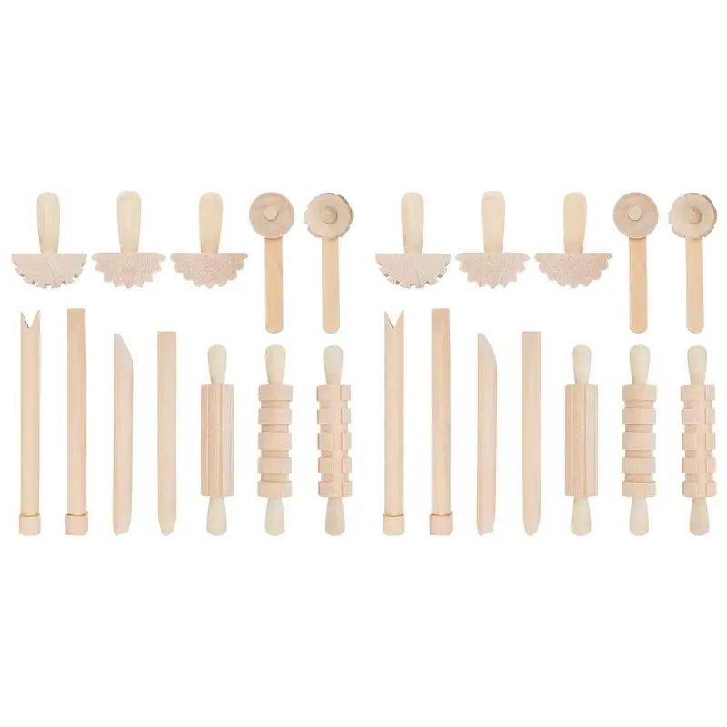 SEWS-24Pcs Clay And Dough Tools Play Accessories Includes Rollers Hammer Party Pack Wood Pottery Tools Stamps For Clay Art